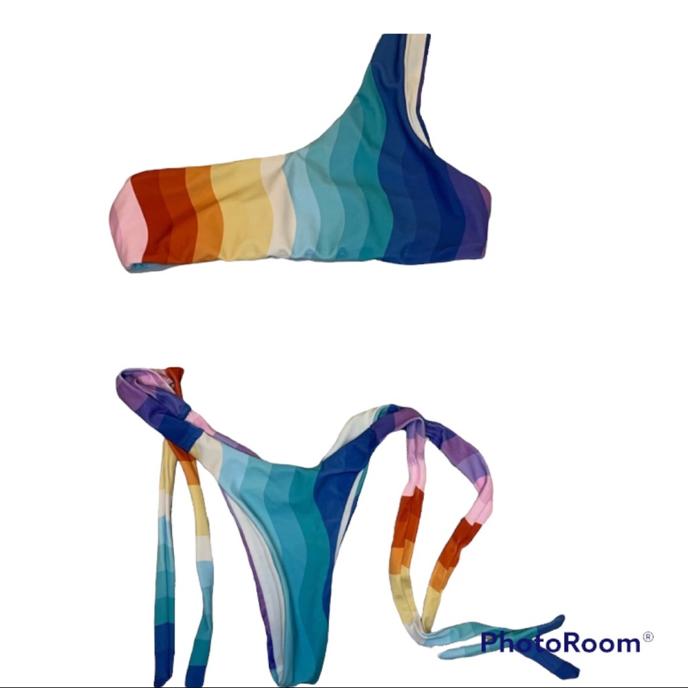 Rainbow One Strap Tie Side Thong Bikini Set
